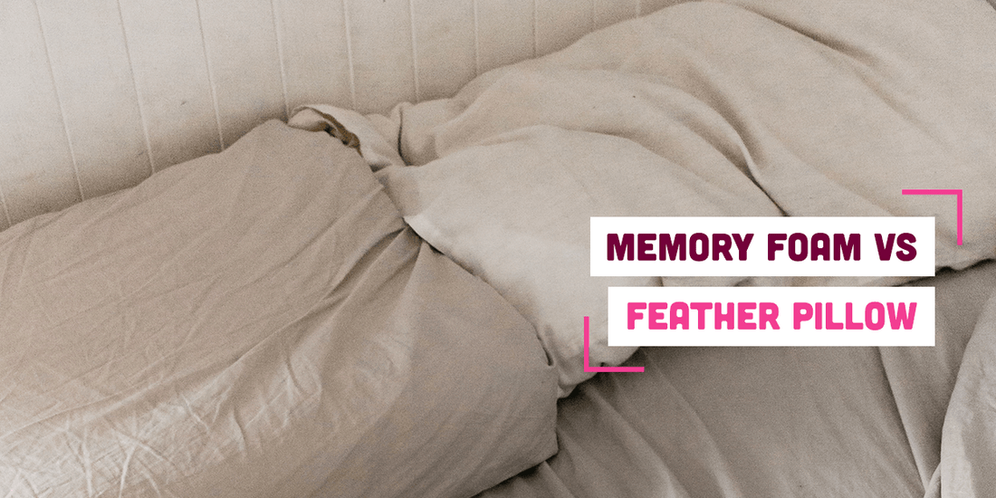 Memory foam pillow on a bed with text