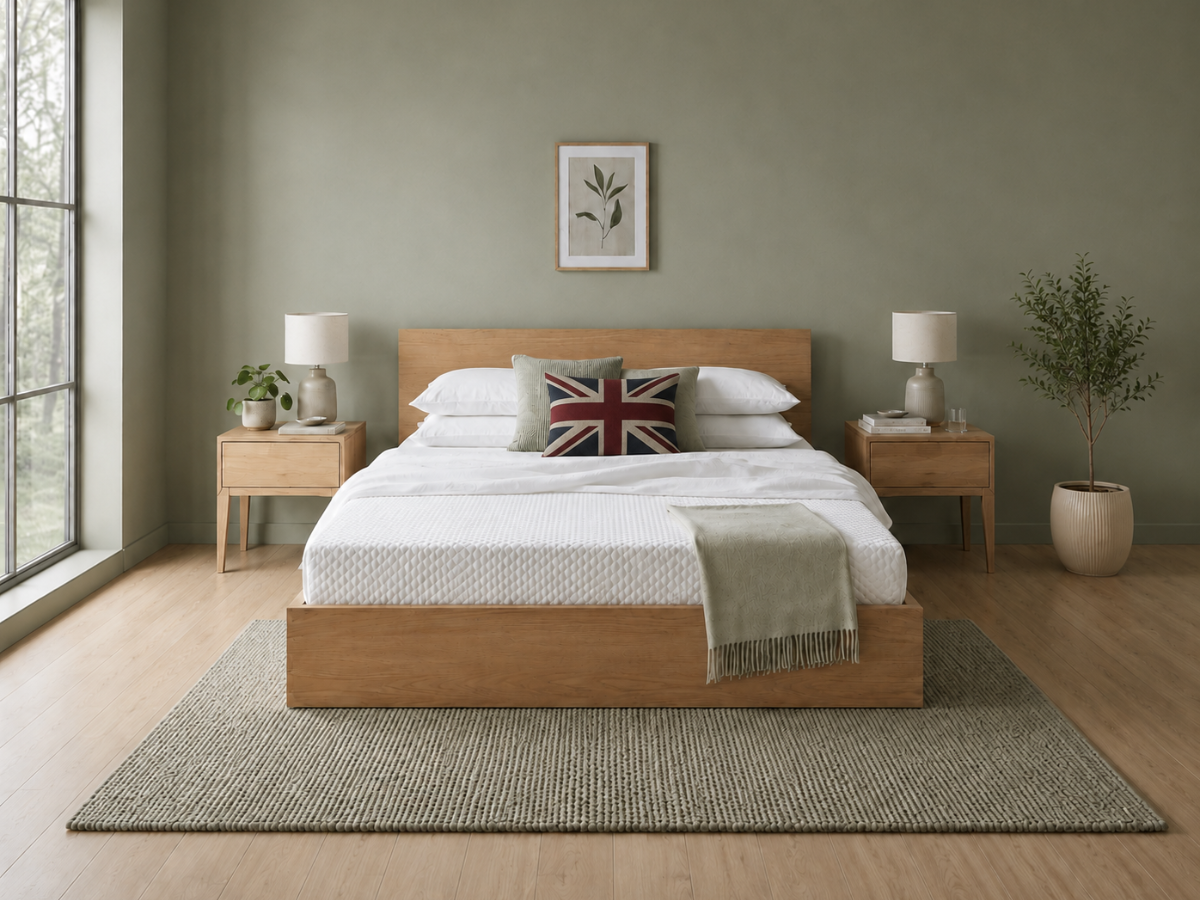 A bed with a white quilted mattress and matching white bedding, styled in a modern bedroom with a green wall, a Union Jack accent pillow, and light wood nightstands.