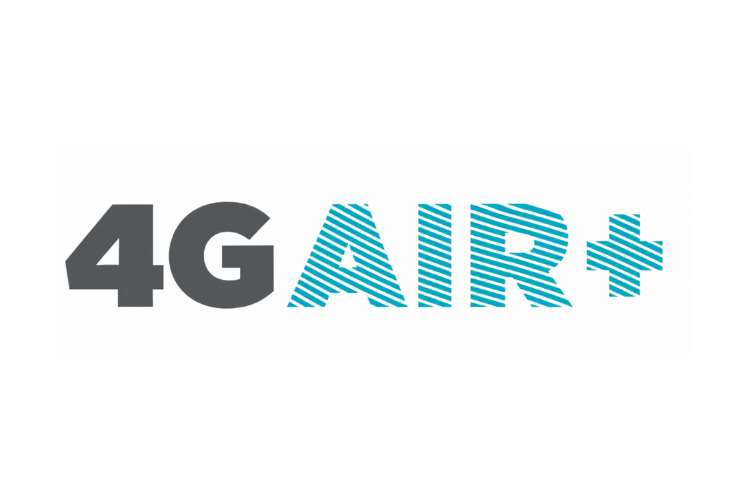 The text '4G AIR+' is centered on a plain white background, with '4G' in dark gray and 'AIR+' in bright blue diagonal stripes.