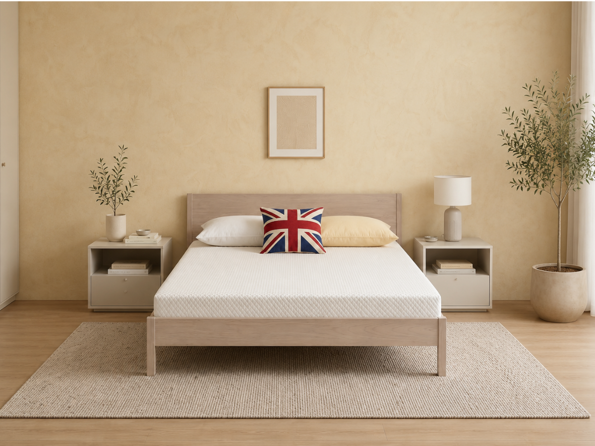 A bed with a white quilted mattress and matching white bedding, styled in a modern bedroom with a yellow wall, a Union Jack accent pillow, and light wood nightstands.