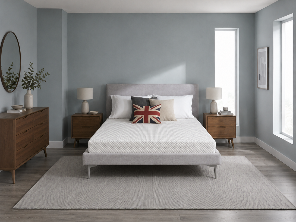 A bed with a white quilted mattress and matching white bedding, styled in a modern bedroom with a grey wall, a Union Jack accent pillow, and dark wood nightstands.