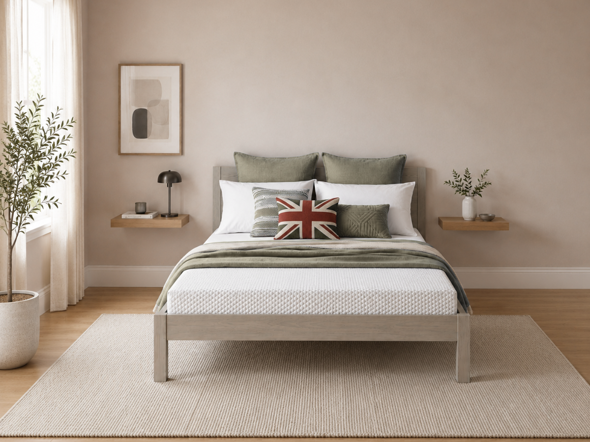A light gray wooden bed frame styled with white bedding, green accent pillows, and a Union Jack throw pillow, set in a minimalist bedroom with a beige wall, floating shelves, and a potted plant.