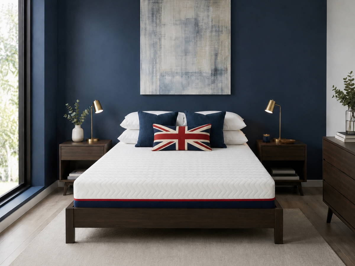 A bed with a white quilted mattress and matching white bedding, styled in a modern bedroom with a dark navy blue wall, a Union Jack accent pillow, and dark wood nightstands.