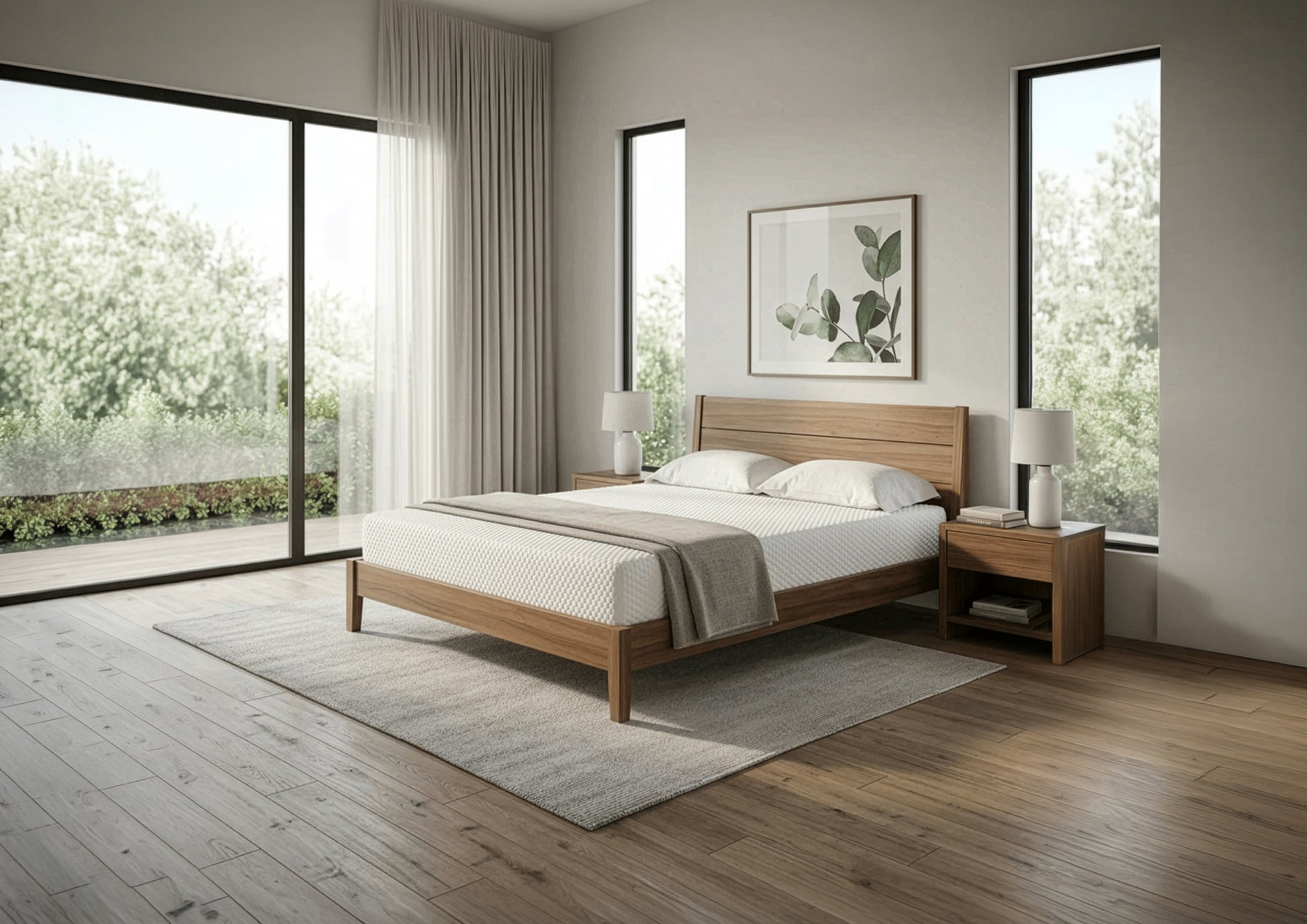 Wooden bed with white bedding in a bedroom setting