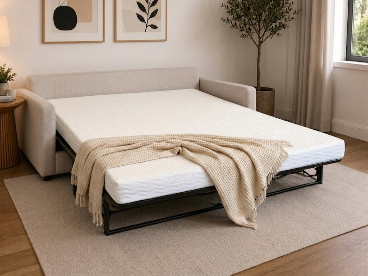 Sofa bed with a beige blanket in a room with a rug, plant, and wall art.