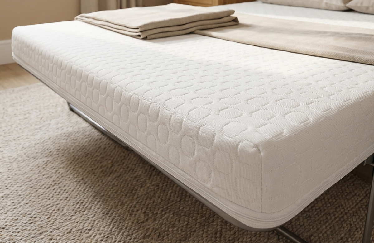 A white convertible bed mattress or futon mat with a quilted circular pattern, shown in a bed frame on a carpeted floor in a bedroom setting.