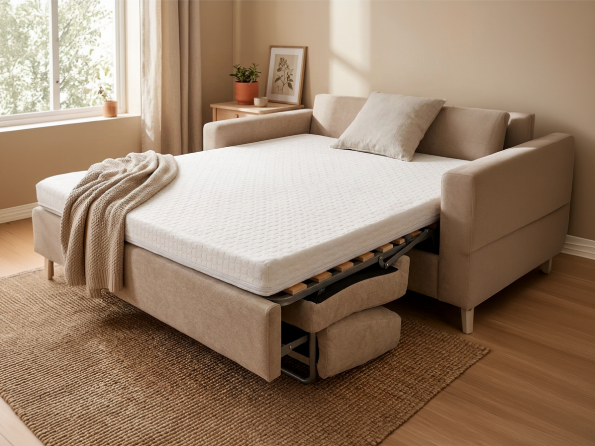 A beige upholstered sleeper sofa in a bright room, shown with a white mattress pulled out and a matching throw blanket draped over the side.
