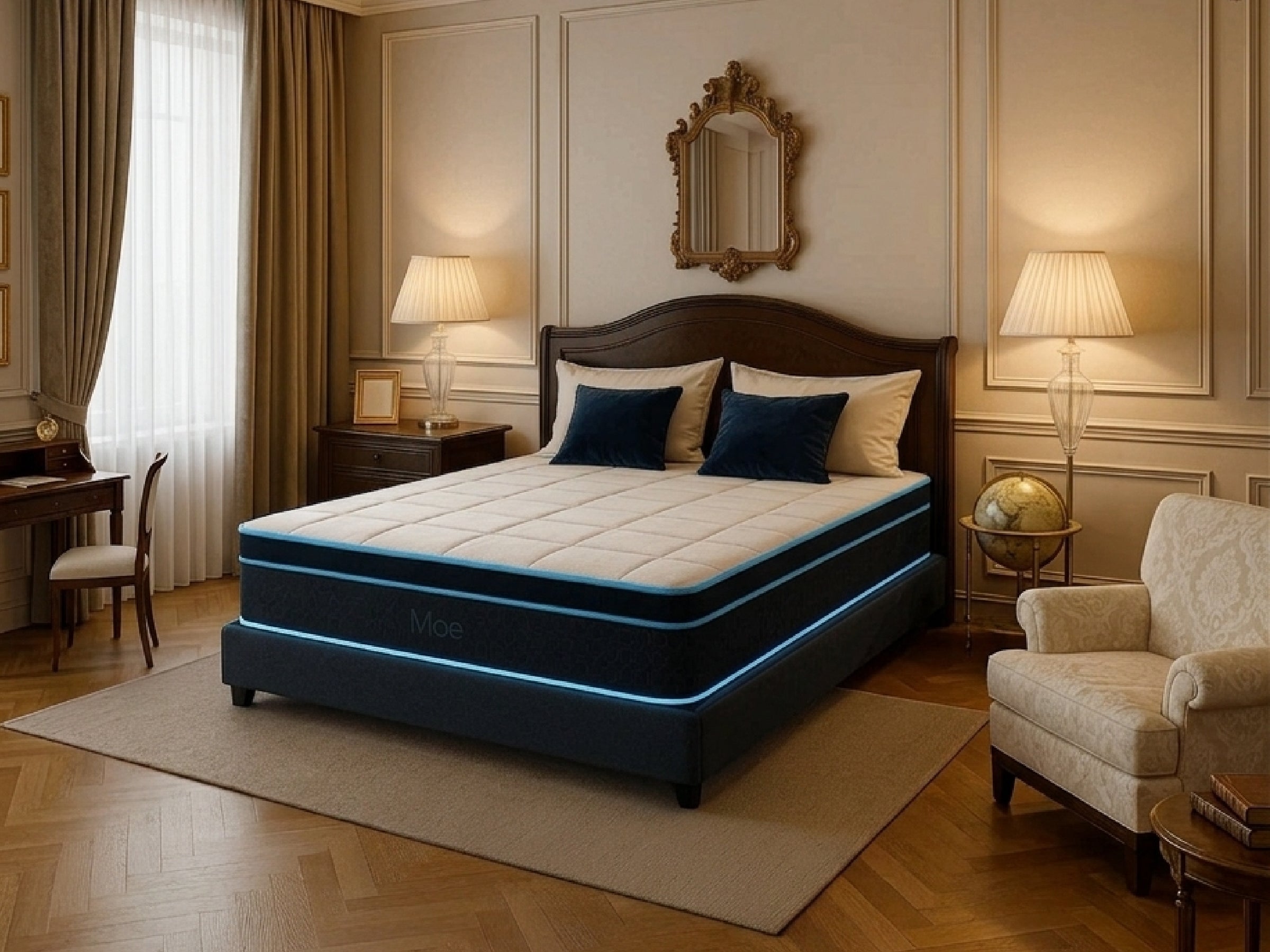 Bed with a dark frame and white mattress in a bedroom setting.